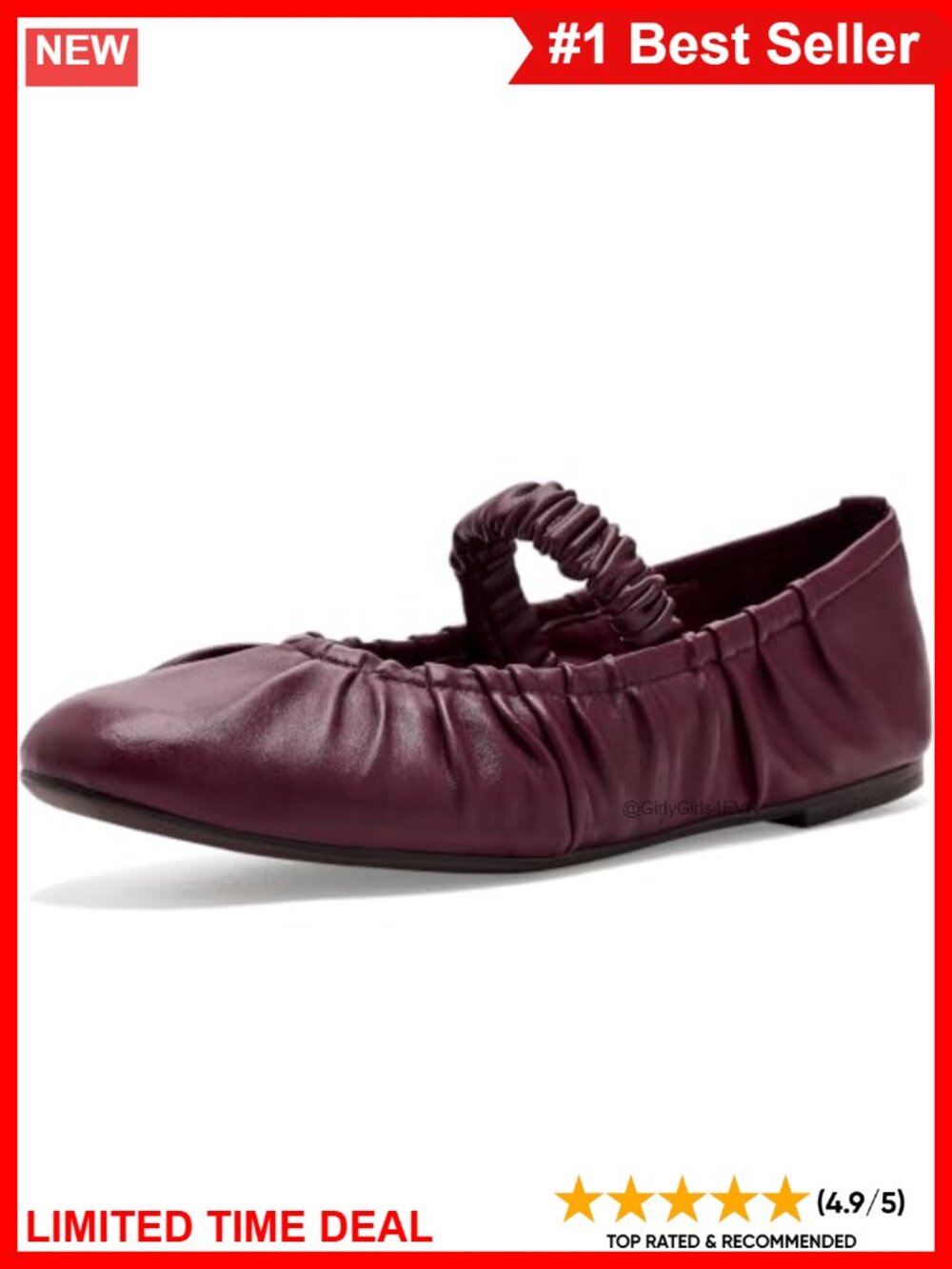 Mary Jane Ballet Flat Leather Slip-On Round Toe Scrunch Strap Casual